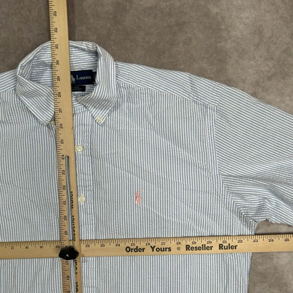 Ralph Lauren Blake Men S Blue White Striped Seersucker Short Sleeve Button Shirt - Picture 4 of 5
